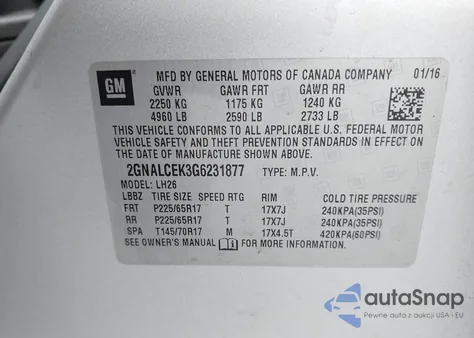 2016 Chevrolet Equinox Lt from USA, damaged, VIN 2GNALCEK3G6231877